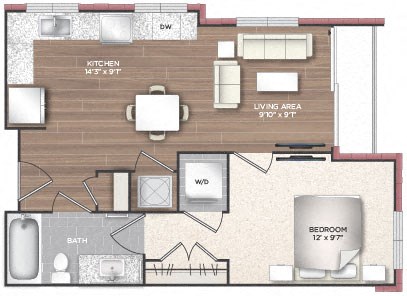 Floor plan for 1 bed, 1 bath, 589 sqft